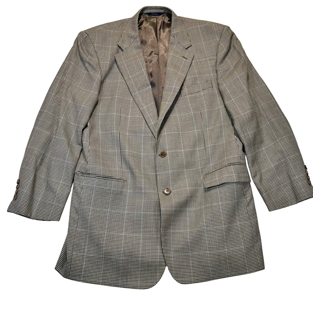Brooks Brothers Blazer Mens 45R Brown Houndstooth Plaid Wool Sport Coat Italy